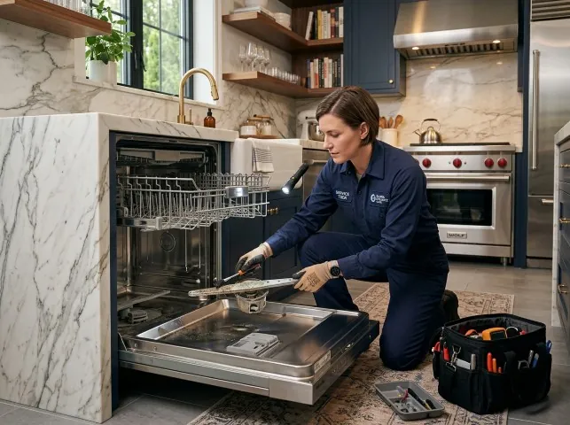 Appliance Repair Hero technician servicing a built-in dishwasher in a Aplington, IA kitchen