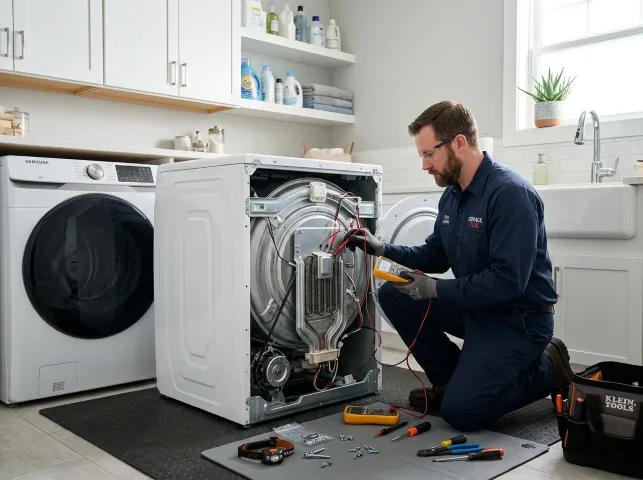 Appliance Repair Hero technician checking a dryer heating element with the rear panel off in Aplington, IA