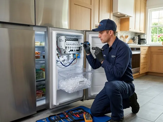 Appliance Repair Hero technician repairing a refrigerator ice maker in Aplington, IA