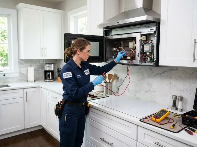 Appliance Repair Hero technician testing an over-the-range microwave in a Aplington, IA kitchen