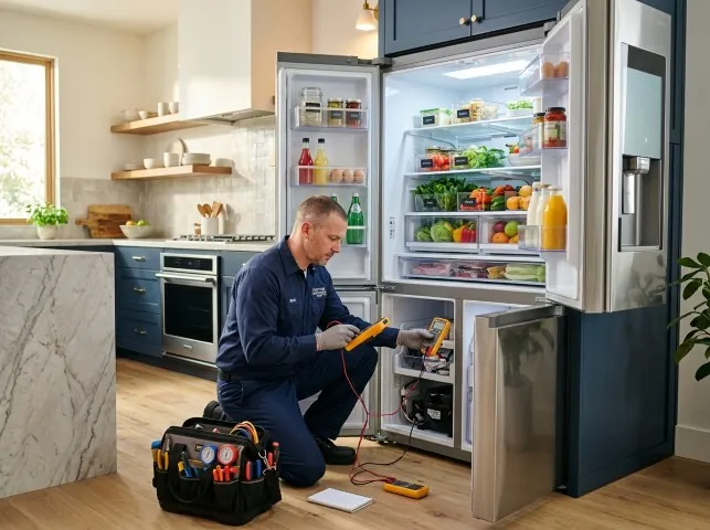 Appliance Repair Hero refrigerator technician testing a fridge on a Aplington, IA service call