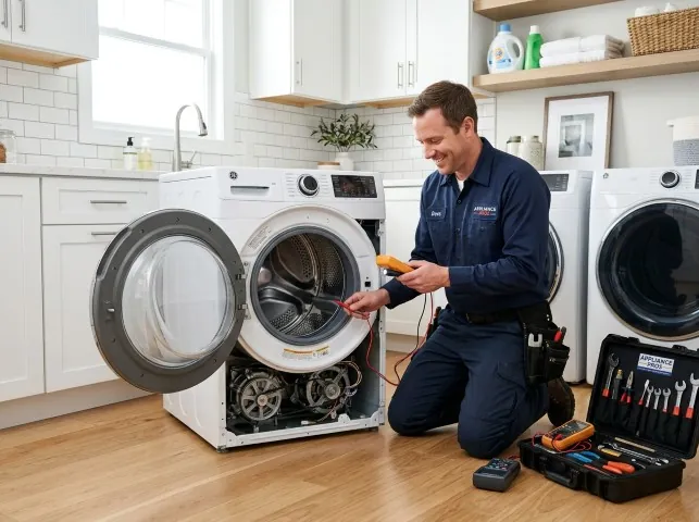 Appliance Repair Hero technician testing a front-load washer with a multimeter on a Aplington, IA service call